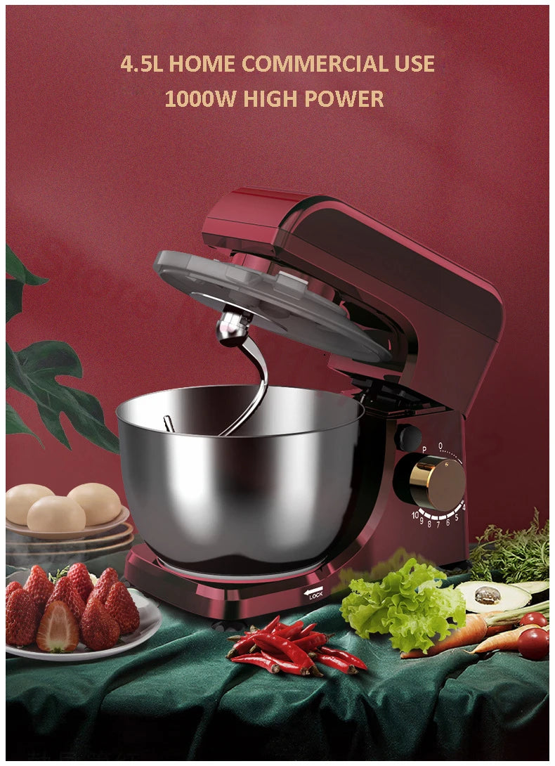 New 4.5L/1000W Chef Machine Electric Dough Mixer Cream Blender Whisk Egg Beater Cake Dough Bread Mixer Maker