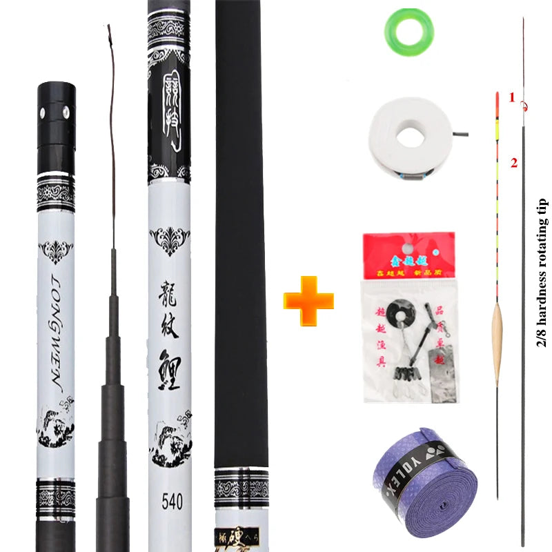 Long Wen Extra Long High Carbon Fiber Telescopic Power Hand Pole Fishing Rod 3.6M/3.9M/4.5M/5.4M/6.3M/7.2M/8M/9M/10M Stream Rod