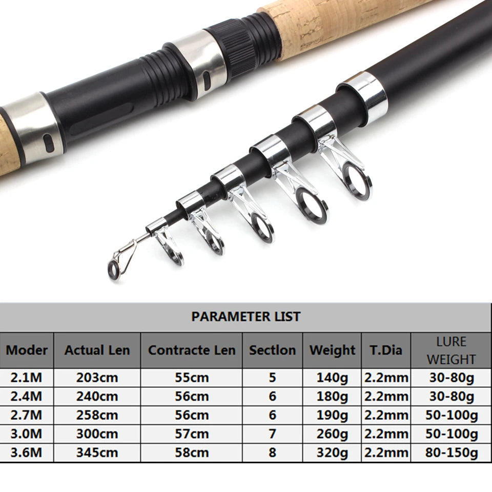 2.4m 2.7m 3.0m 3.6m Telescopic Spinning Fishing Rod carbon wooden handle carp fishing pole sea rock fishing rod test 30-150g