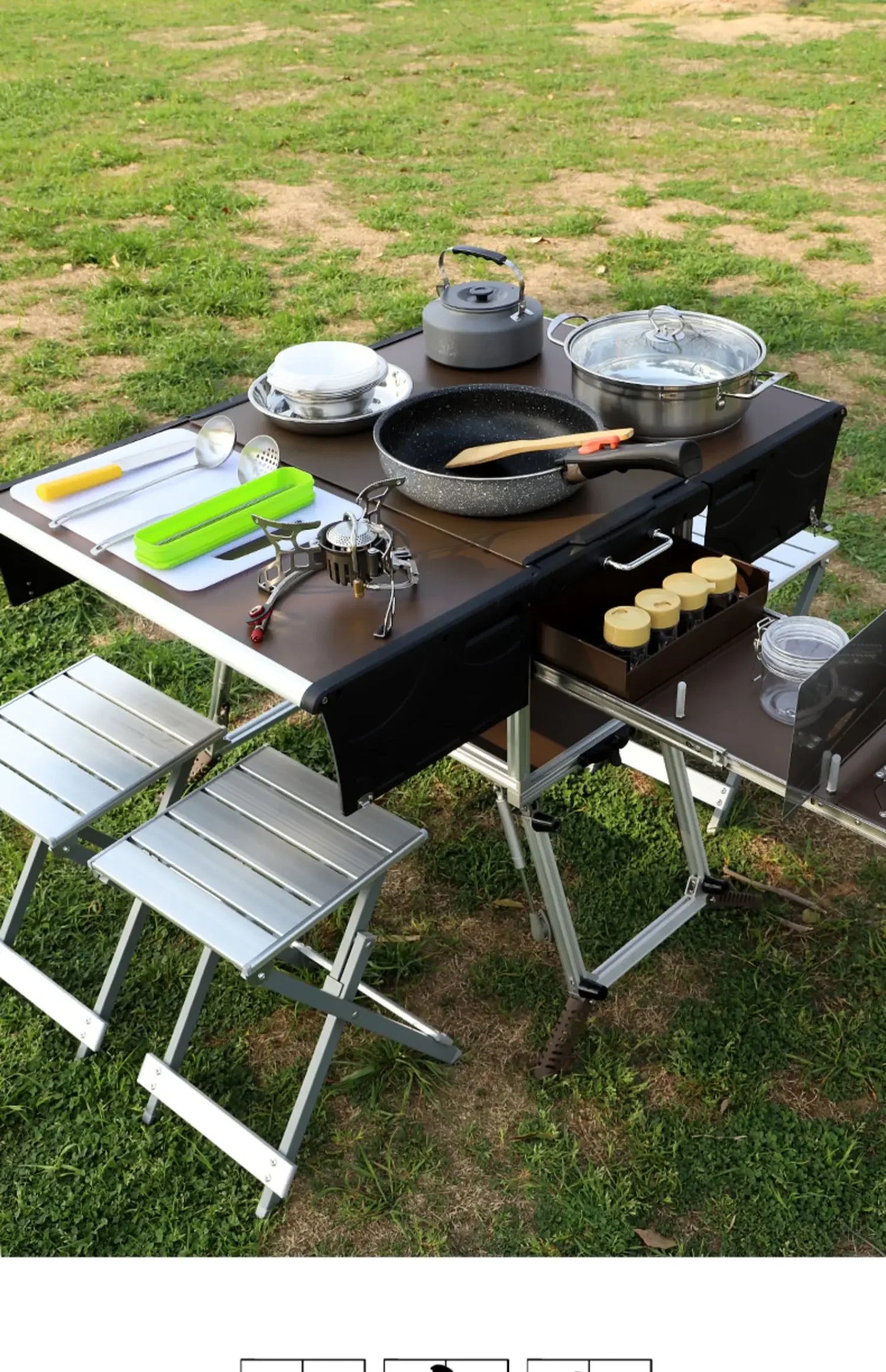 Mobile kitchen, foldable table, camping field stove, cookware, supplies, car self-driving tour equipment, stove