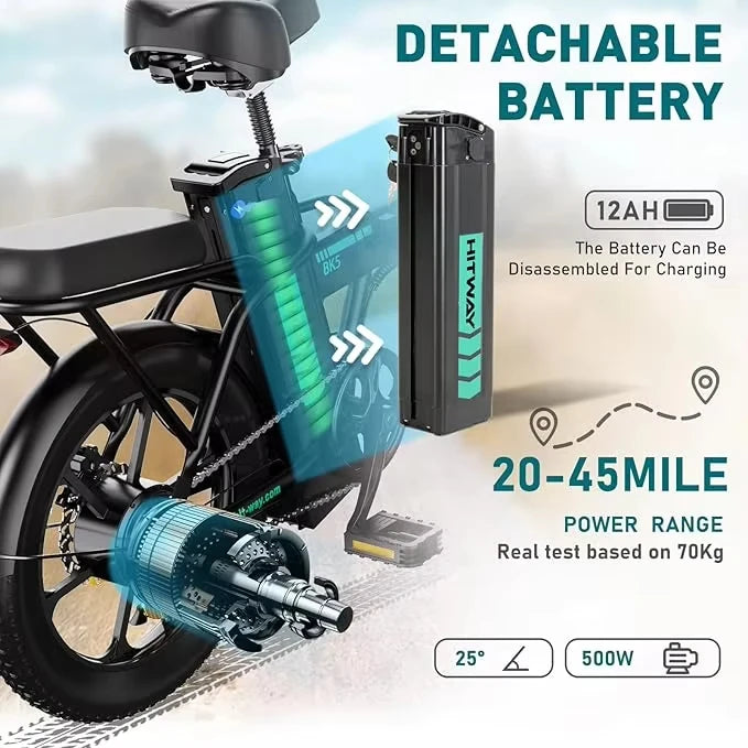 Electric Bike for Adults, E Bike with 36V/12Ah Removable Battery 16"×3.0 Fat Tire Folding Electric Bicycle 500W Motor