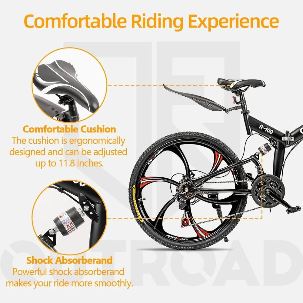 26 inch high carbon steel folding mountain bike, 21 speed dual suspension city bike, adult folding bike for men and women