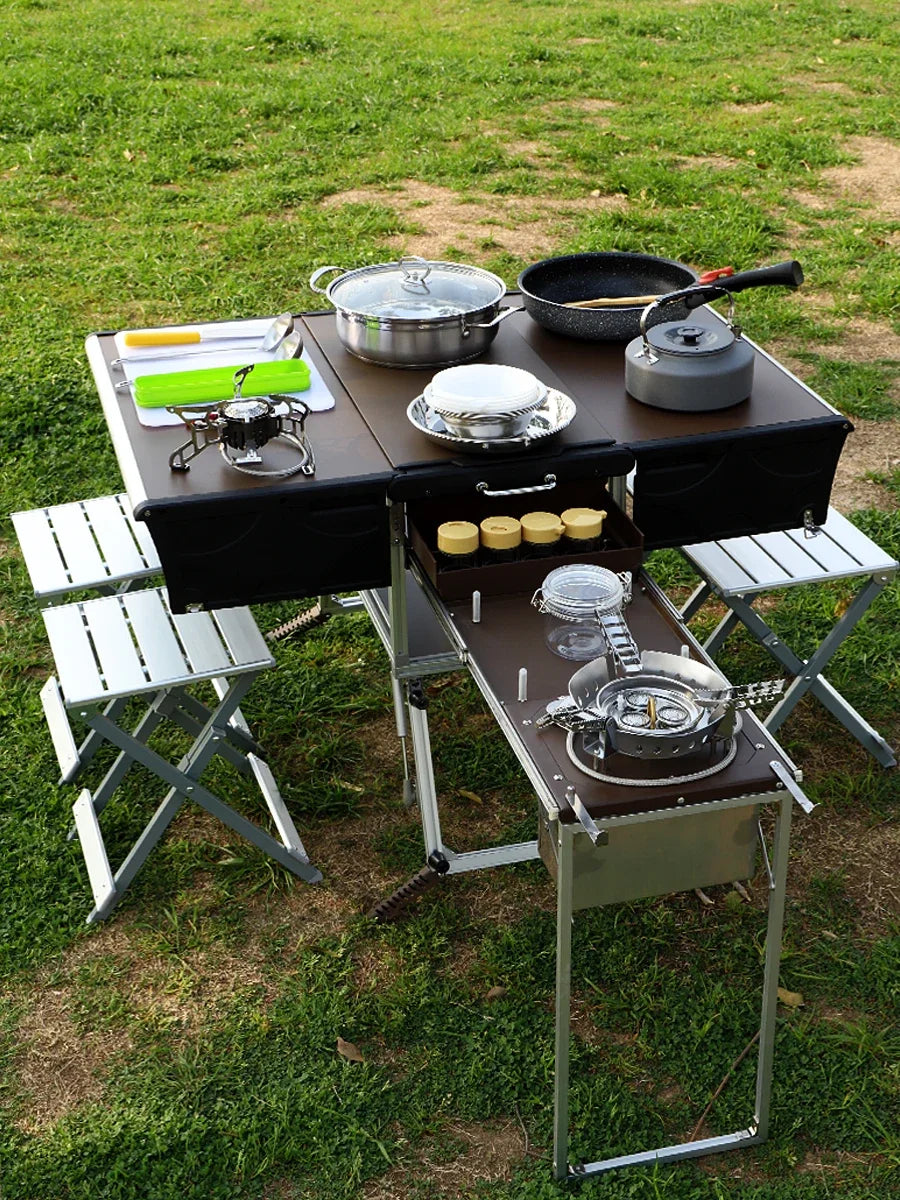 Mobile kitchen, foldable table, camping field stove, cookware, supplies, car self-driving tour equipment, stove