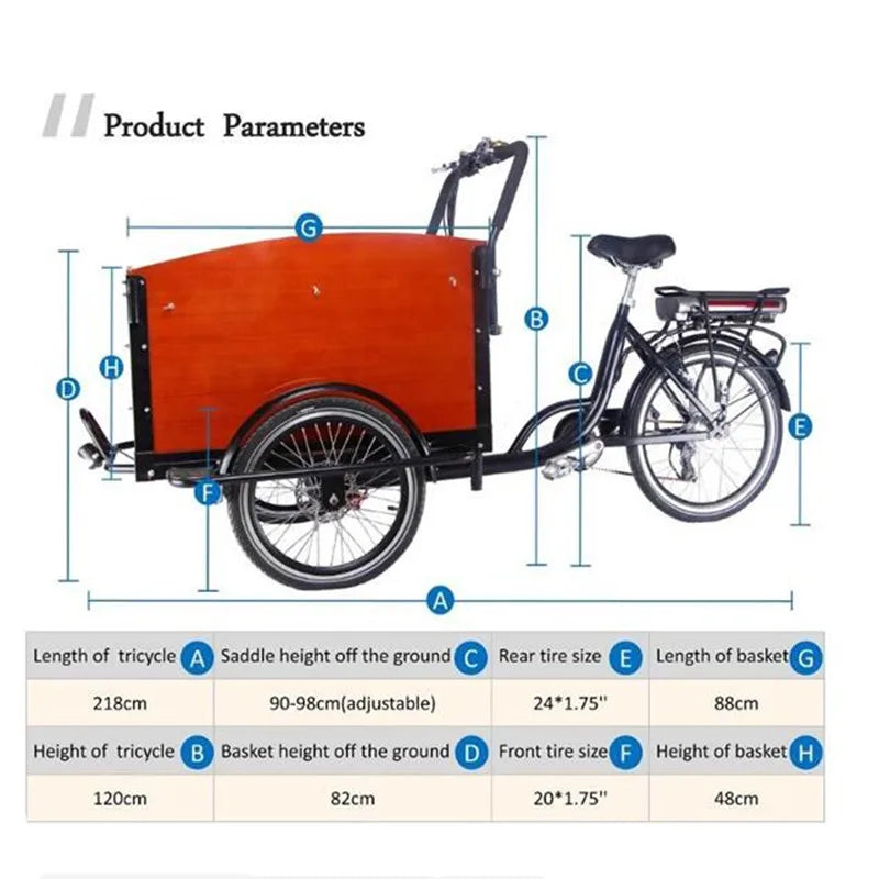 3 Wheels Pedal Electric Cargo Bike Dutch Adult Tricycle Family Bicycle Street Kids Scooter for Sale Customizable