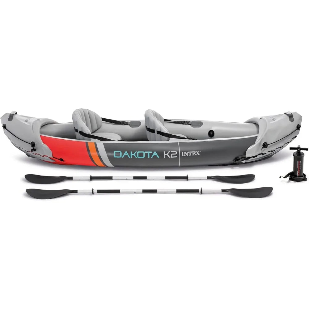 Dakota K2 2 Person Inflatable Vinyl Kayak and Accessory Kit with 86 Inch Oars, Air Pump, and Carry Bag for Lakes and Rivers