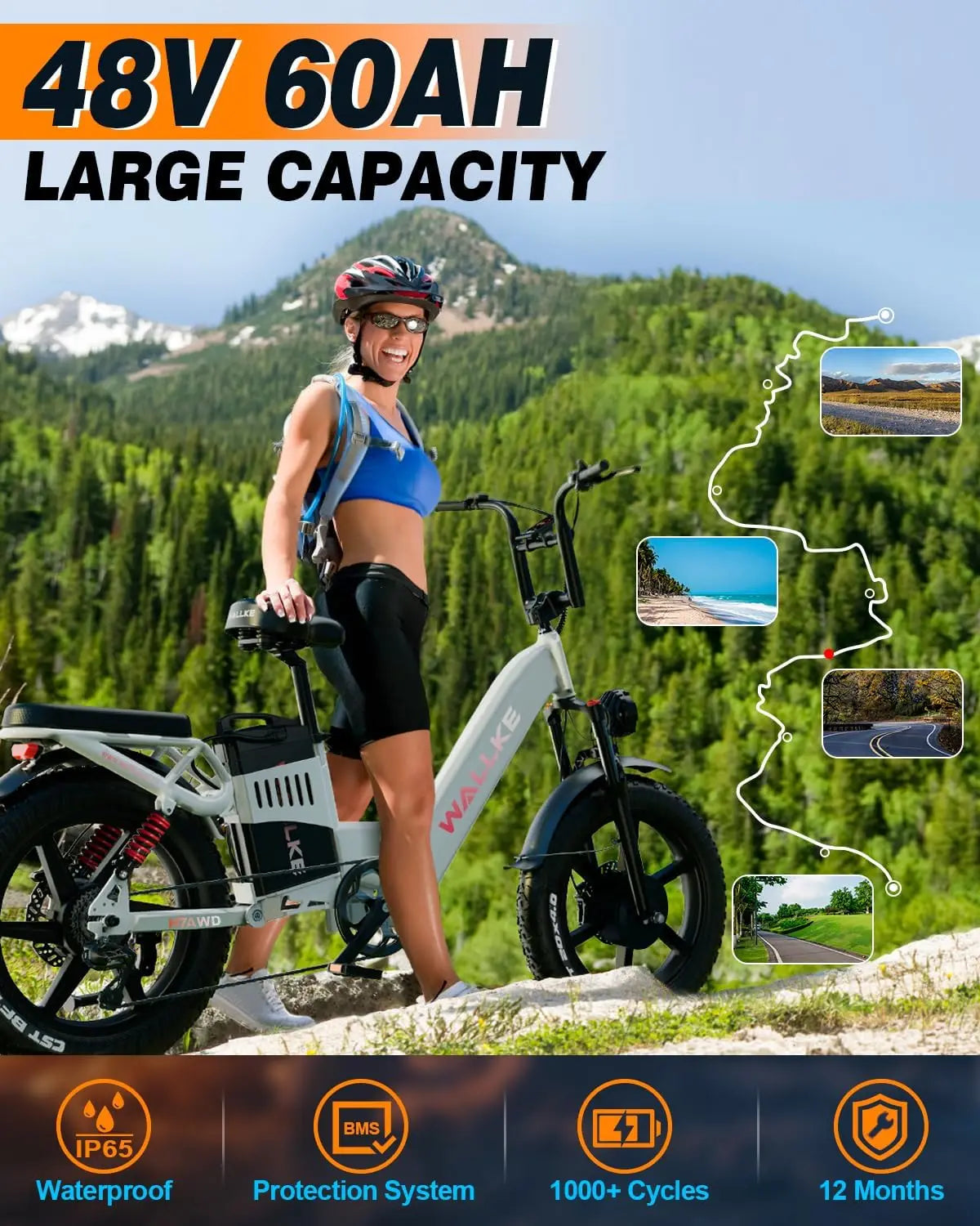 WALLKE H7 Electric Bike 40Ah/60Ah 1000W/2000W Ebike 20 Inch Fat Tire Electric Bicycle 31/34MPH Step Thru E-bike with APP Control