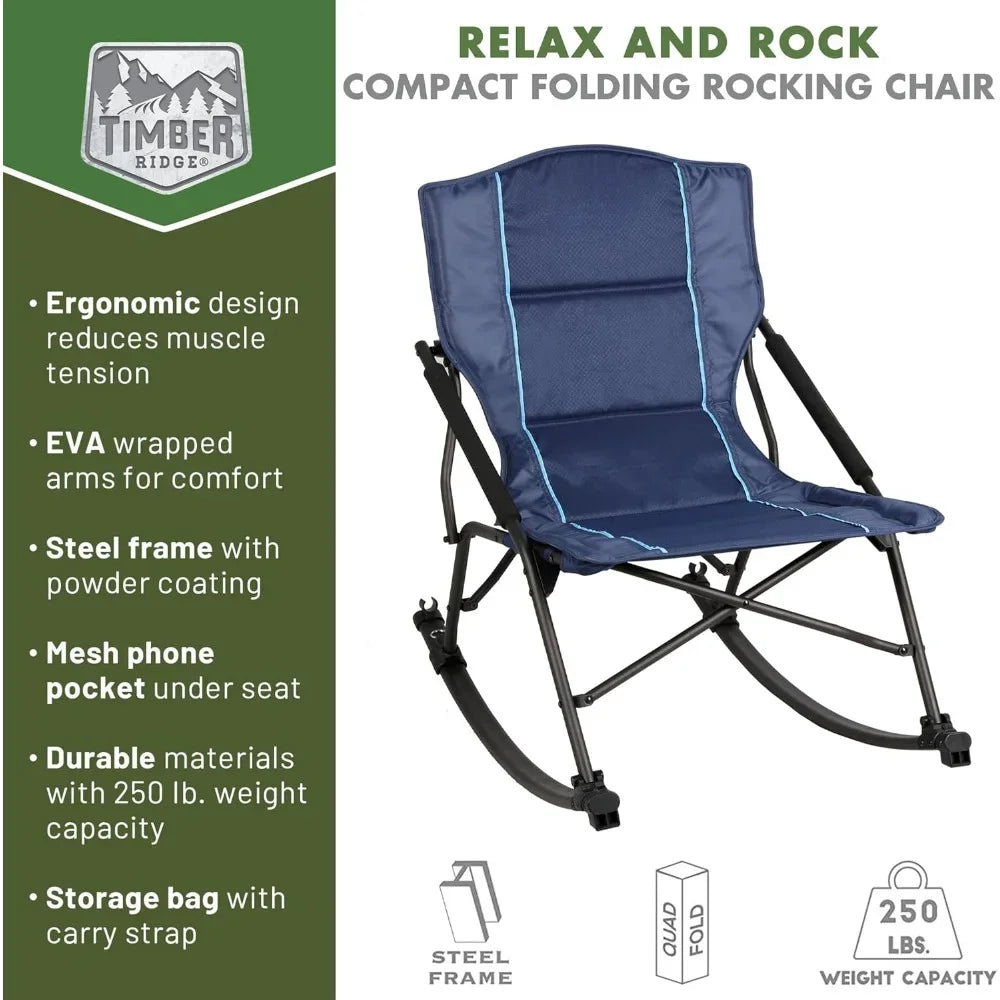 Folding Rocking Camping Chair with Hard Armrests, Portable Outdoor Rocker for Patio, Garden, Lawn, Supports up to 250 lbs