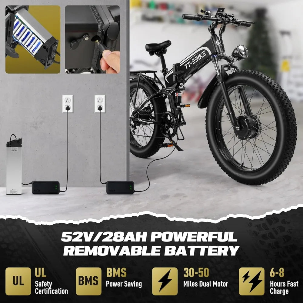 Dual:4350W Electric Bike  40 MPH with 52V 28AH Battery, 26 inch Fat Tire Mountain E Bike, Full Suspension Folding Ebike,7-Speed