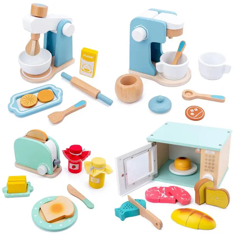 Wooden Kid's Simulation Real Life Kitchen Toy Set Game Early Education Toy Bread Machine Coffee Maker Mixer Baby Educational Toy