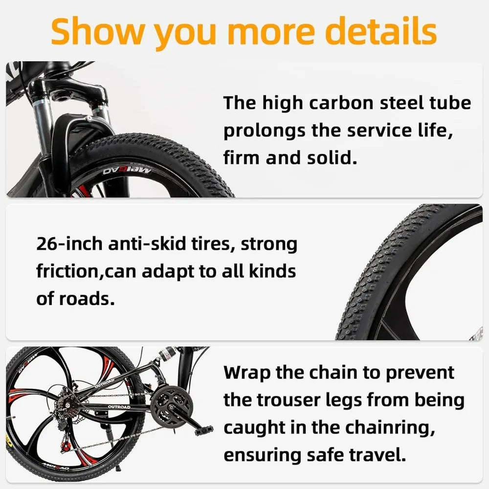 26 inch high carbon steel folding mountain bike, 21 speed dual suspension city bike, adult folding bike for men and women