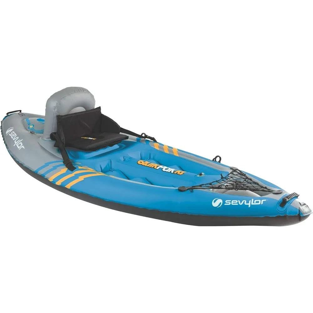 QuickPak K1 1-Person Inflatable Kayak, Kayak Folds into Backpack with 5-Minute Setup, 21-Gauge PVC Construction; Hand Pump