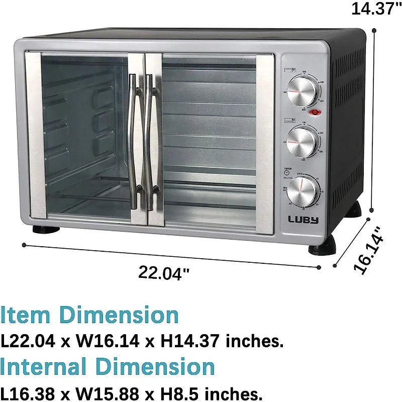 LUBY Large Toaster Oven Countertop, French Door Designed, 55L, 18 Slices, 14'' pizza, 20lb Turkey, Silver