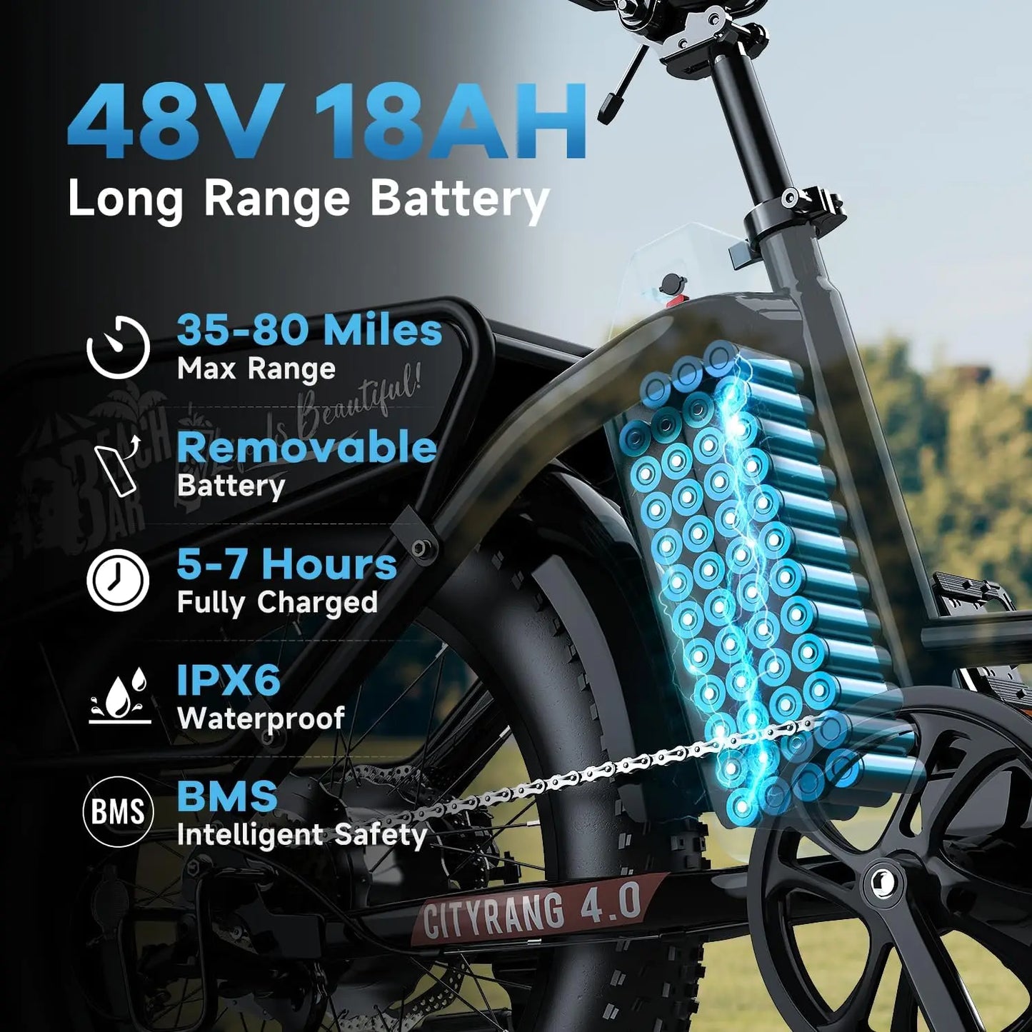 48V 18AH Electric Bike for Adult, CITYRANGE 4.0 30MPH 85Miles 20''×4.0" Fat Tire Cargo E-Bike, Long Range Electric Mountain Bike