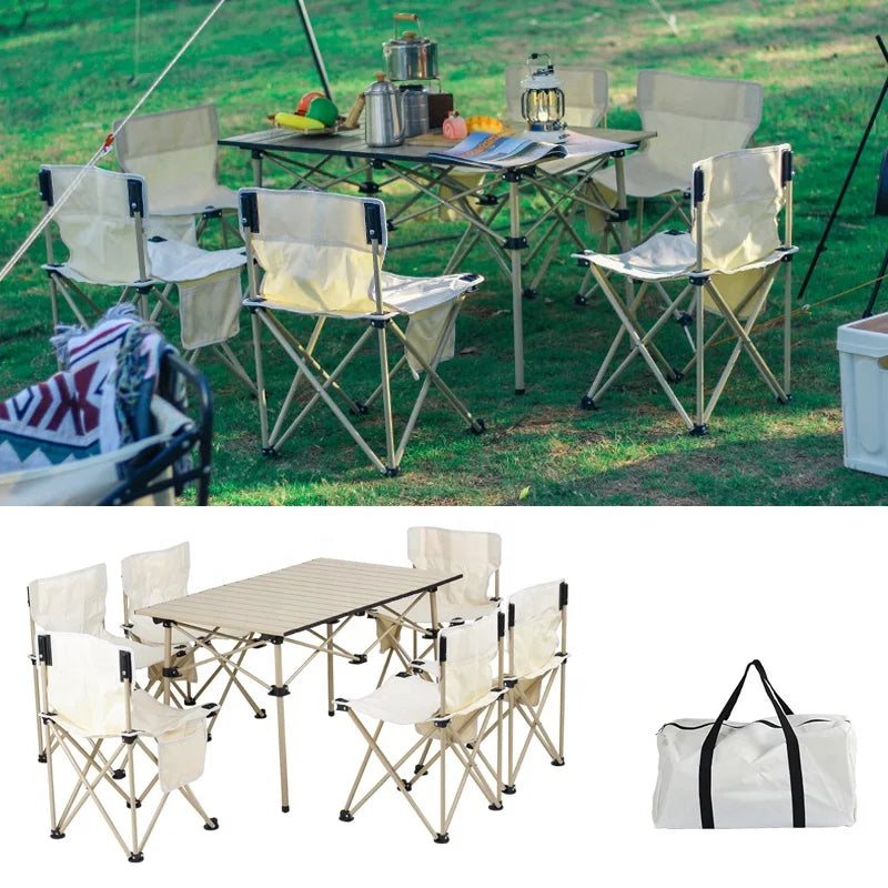 Outdoor Furniture 7 Pieces Table Chair Set Portable Foldable Easy Assemble Aluminum Family Camping  Chairs