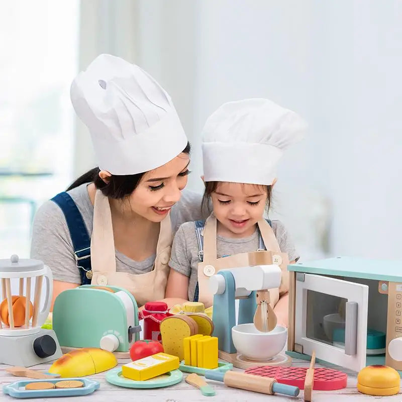 Wooden Kid's Simulation Real Life Kitchen Toy Set Game Early Education Toy Bread Machine Coffee Maker Mixer Baby Educational Toy