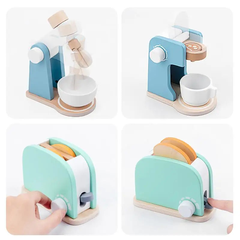 Wooden Kid's Simulation Real Life Kitchen Toy Set Game Early Education Toy Bread Machine Coffee Maker Mixer Baby Educational Toy