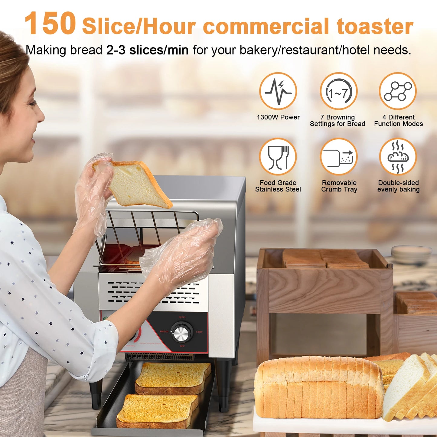 Commercial Toaster 150 Slices/H Conveyor Toaster Oven for Restaurant Heavy Duty 1300W Electric Stainless Steel Toaster Conveyor