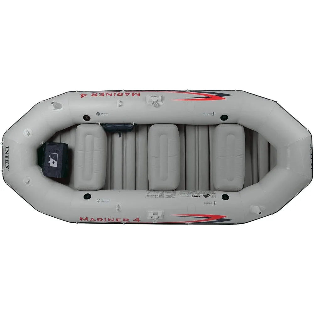 4, 4-Person Inflatable Boat Set with Aluminum Oars and High Output Air Pump for Fishing and Boating in Rivers and Lakes