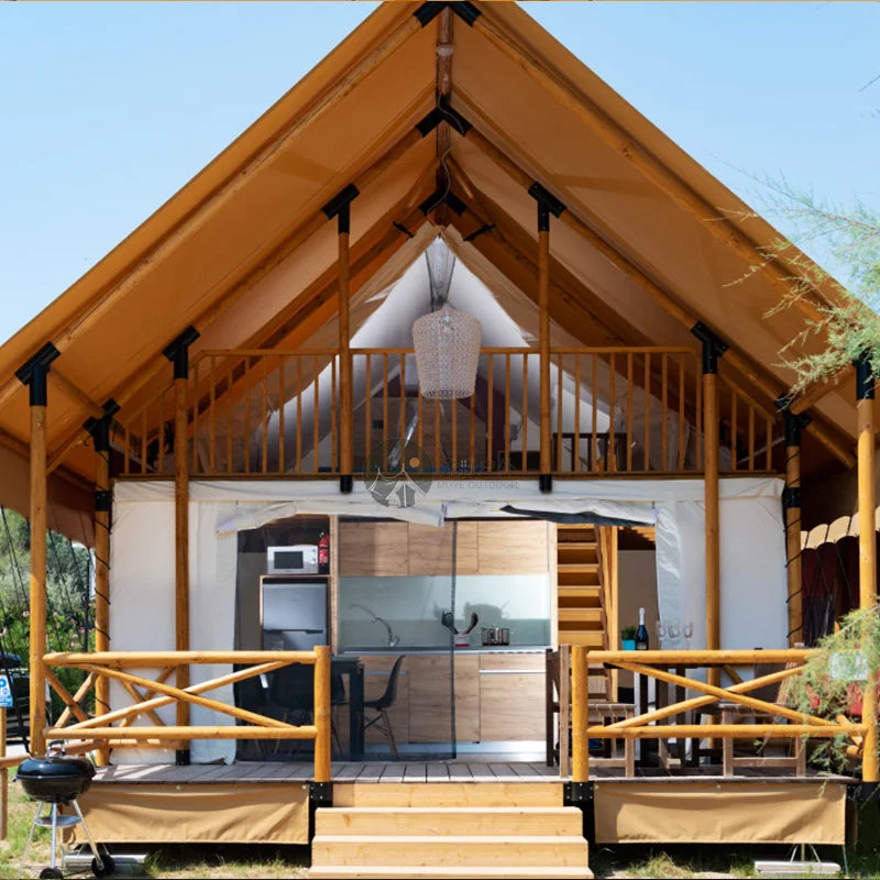 Outdoor Prefab Duplex Safari Tent Camping Lodge Luxury Glamping Tent with Bathroom and Balcony