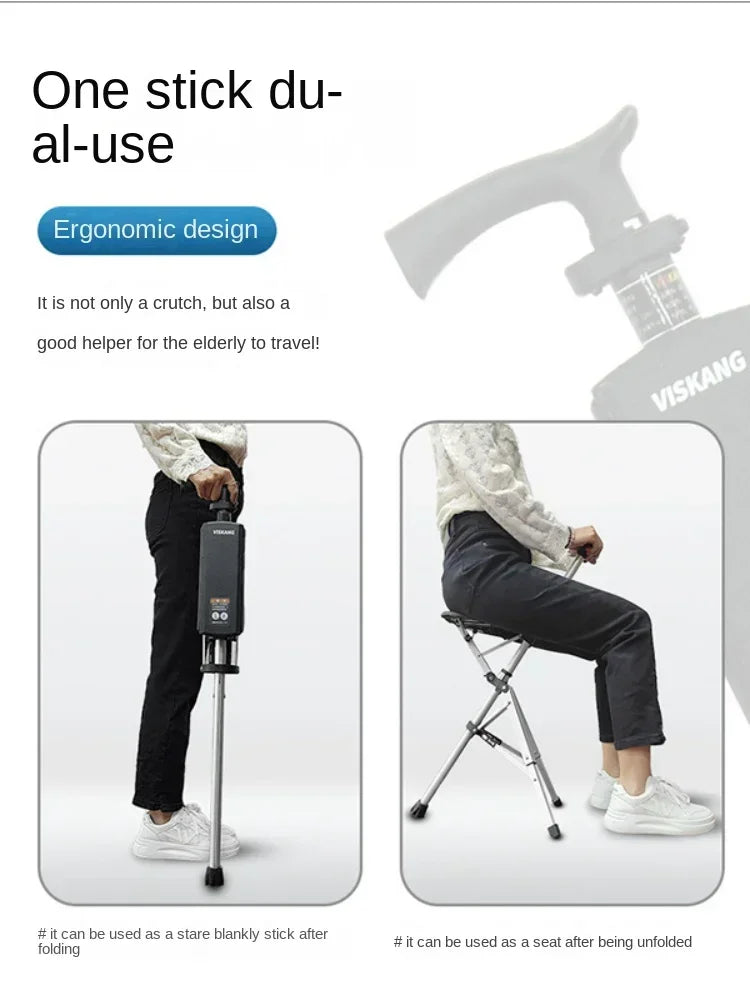 One Key Foldable Crutch Chair Multi-Functional Non-Slip Walking Stick with Seat Ideal for Elderly Hiking & Mobility