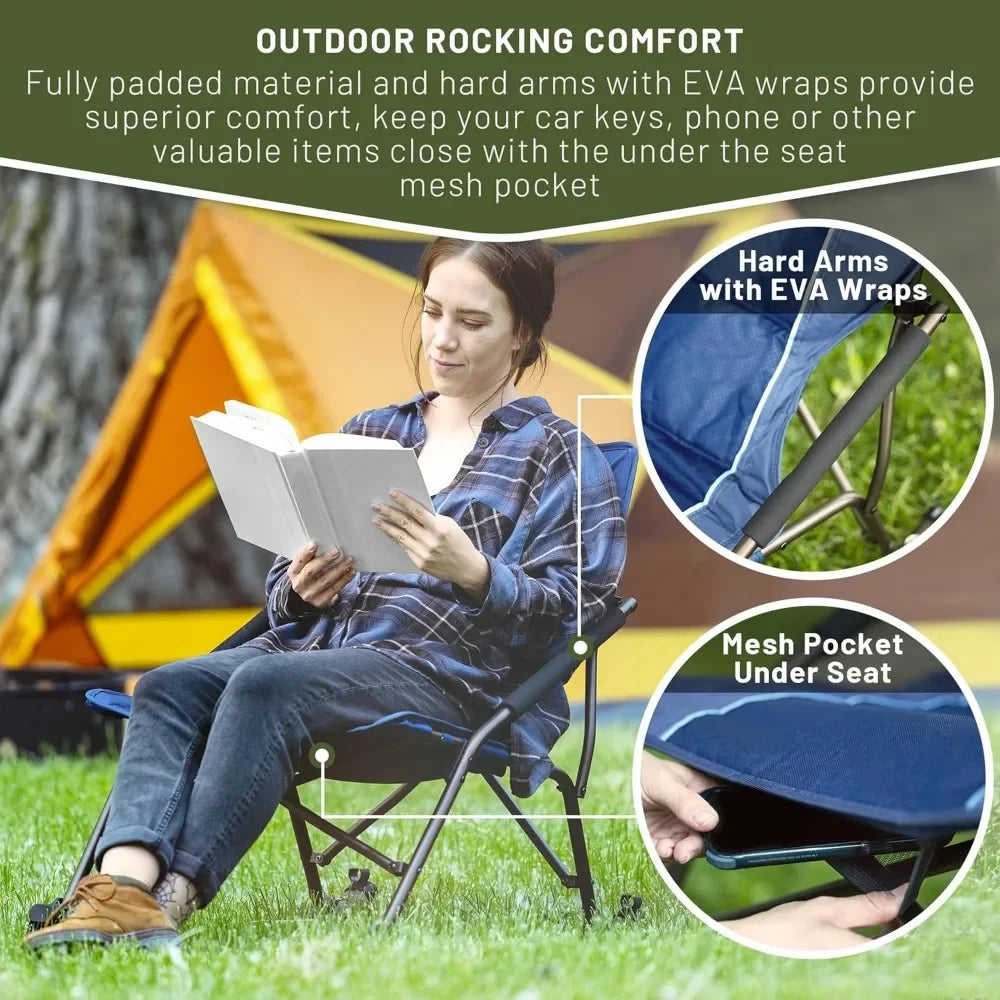 Folding Rocking Camping Chair with Hard Armrests, Portable Outdoor Rocker for Patio, Garden, Lawn, Supports up to 250 lbs