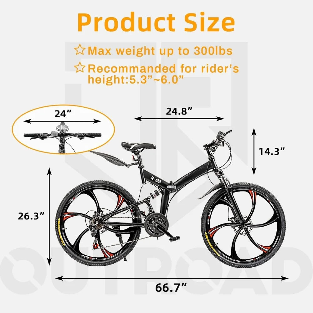 26 inch high carbon steel folding mountain bike, 21 speed dual suspension city bike, adult folding bike for men and women