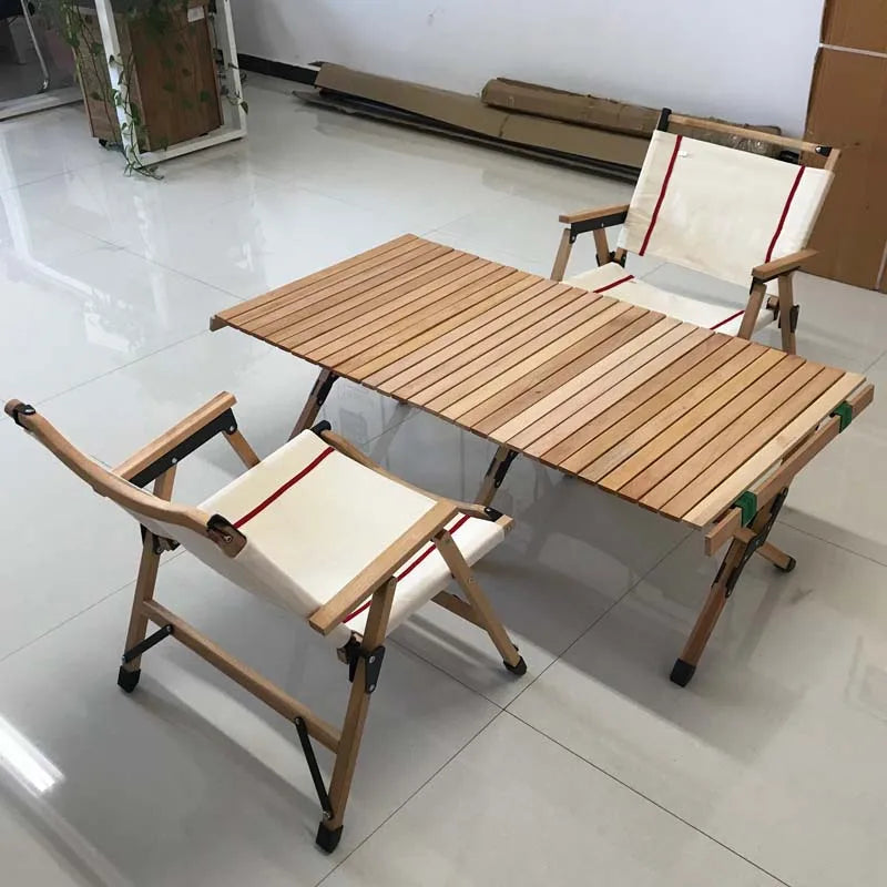 Outdoor Foldable Camping Beech Wood Desk Portable Beach Egg Roll Wood Folding Table For Picnic BBQ Table And Chair Suit