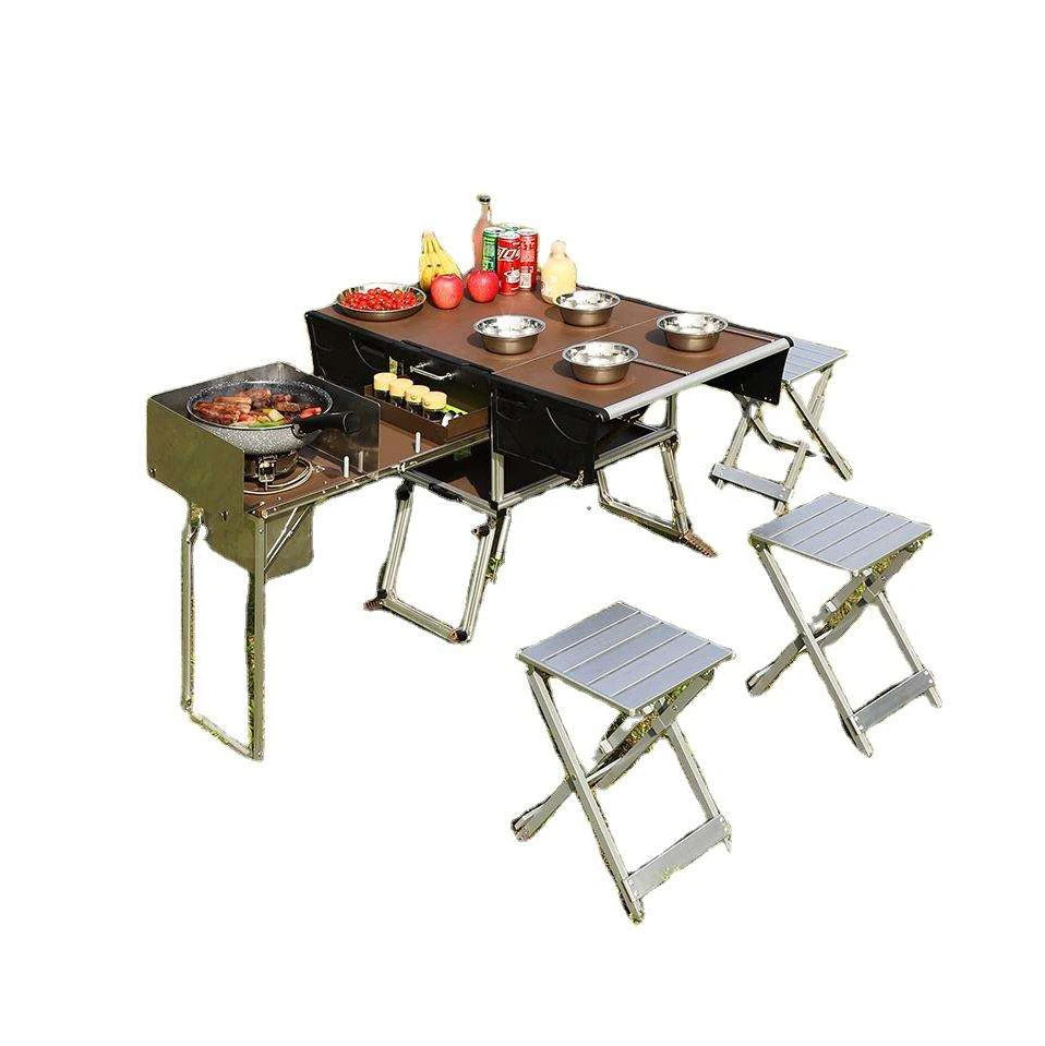 Portable Folding Food Trailer Mobile Kitchen Foldable Dining BBQ Picnic Outdoor Table and Chair Set for Camping