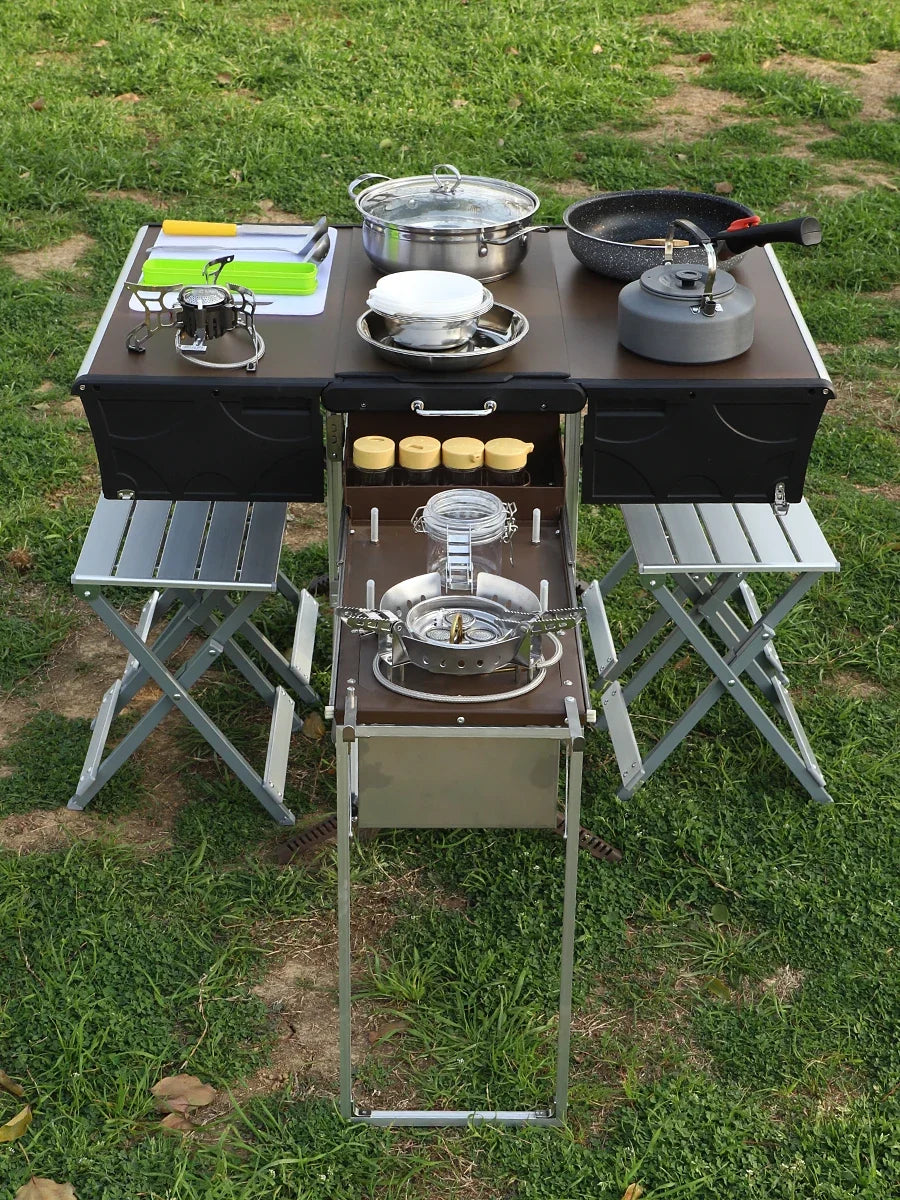 Mobile kitchen, foldable table, camping field stove, cookware, supplies, car self-driving tour equipment, stove