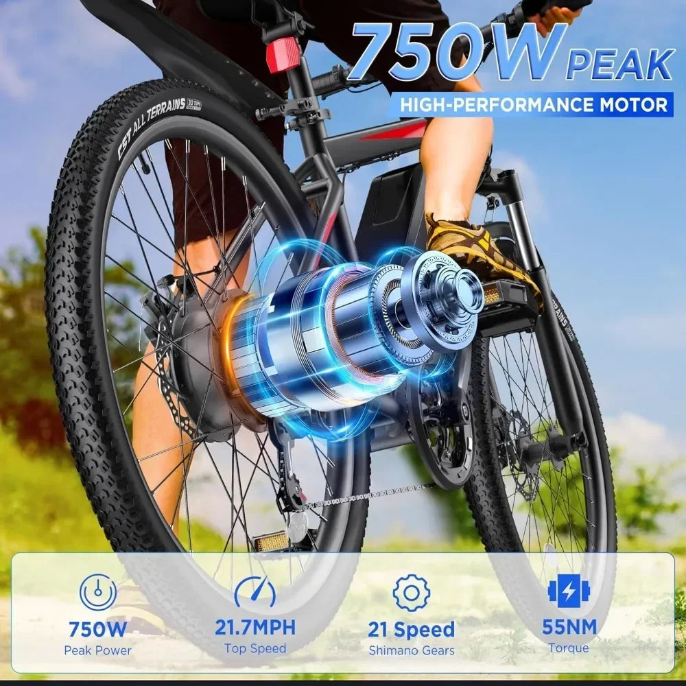 Electric Bike, 26'' 750W Peak Ebike, Up To 50 Miles 21.7MPH Electric Mountain Bike with 48V 374.4WH Removable Battery