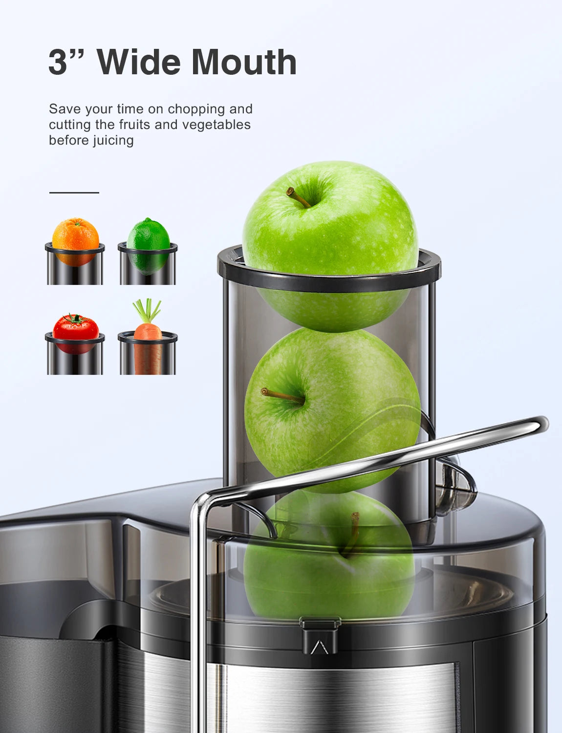 Qcen Juicer Machine, 500W Centrifugal Juicer Extractor with Wide Mouth 3” Feed Chute for Fruit Vegetable, Easy to Clean, Stainle