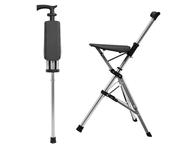 Crutch stool crutch chair One-key foldable multifunctional anti-slip hiking stick with stool for the elderly