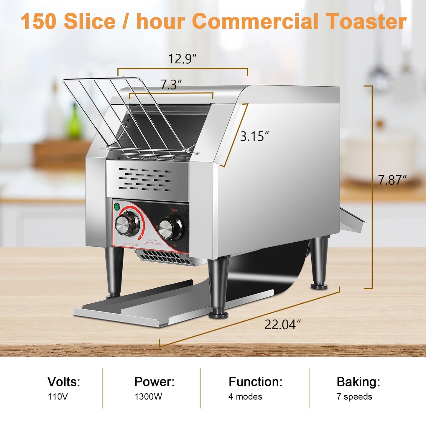 Commercial Toaster 150 Slices/H Conveyor Toaster Oven for Restaurant Heavy Duty 1300W Electric Stainless Steel Toaster Conveyor