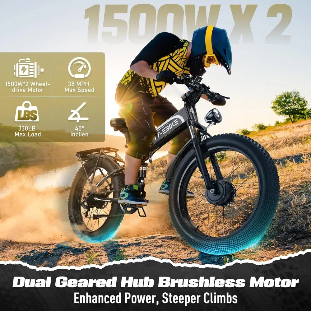 Dual:4350W Electric Bike  40 MPH with 52V 28AH Battery, 26 inch Fat Tire Mountain E Bike, Full Suspension Folding Ebike,7-Speed