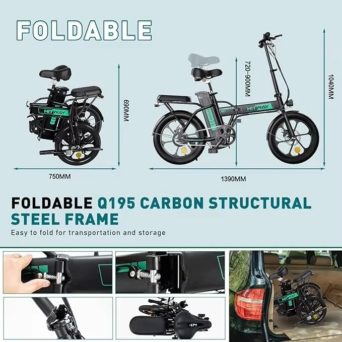 Electric Bike for Adults, E Bike with 36V/12Ah Removable Battery 16"×3.0 Fat Tire Folding Electric Bicycle 500W Motor