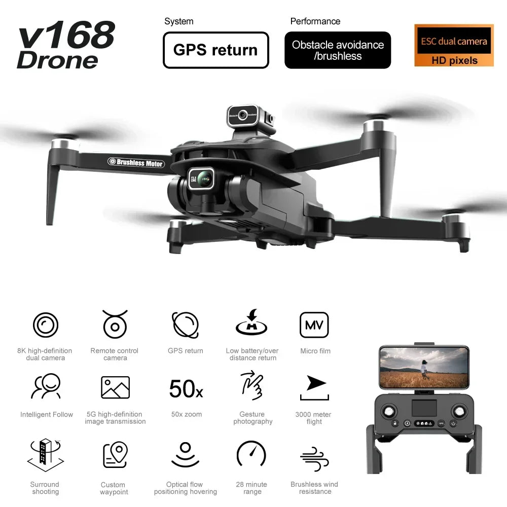 New 2024 V168 GPS Drone 4K Professinal 8K HD Dual Camera Wide Angle Optical Flow Localization Brushless Motor RC Quadcopter 3KM