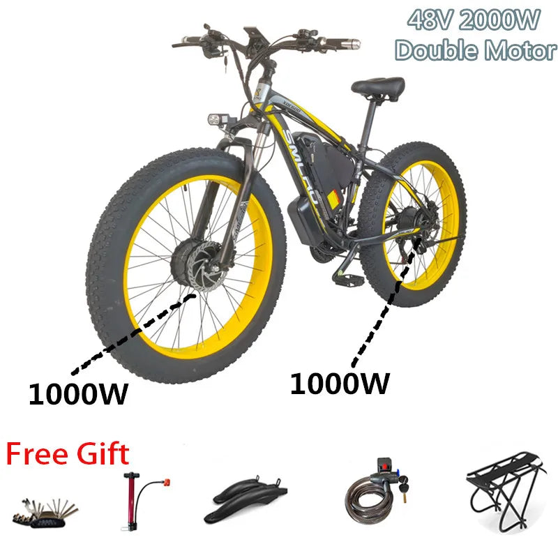 Powerful 2000W Double Motor Electric Mountain Bicycle 48V Smlro XDC600 Pro E-Bike 26*4.0 Fat Tire Front Rear Motorcycle