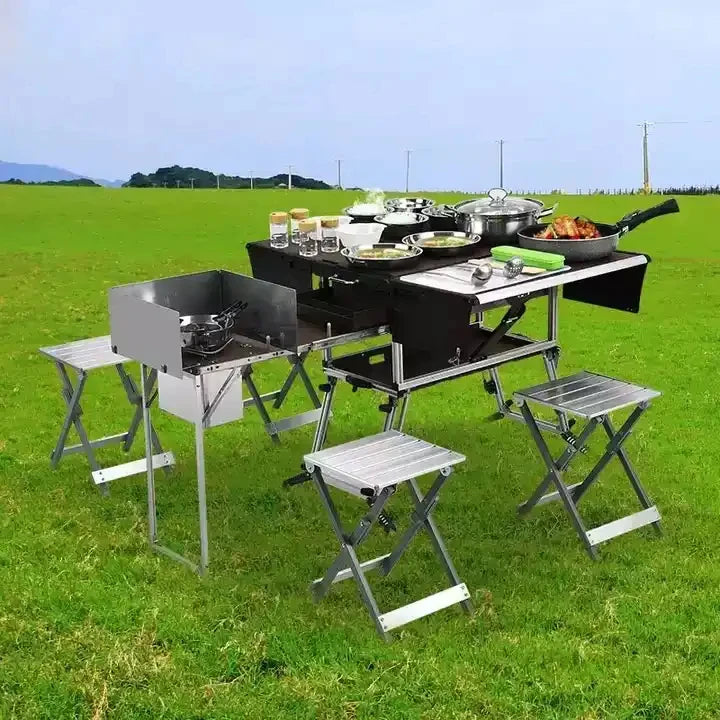 Portable Folding Food Trailer Mobile Kitchen Foldable Dining BBQ Picnic Outdoor Table and Chair Set for Camping