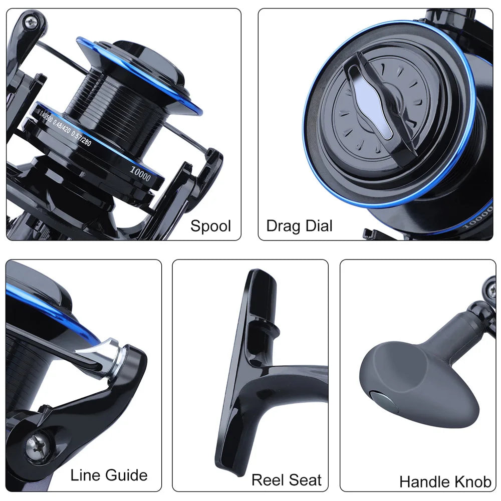 Big Strong Metal Sea Fishing Reel 10000 9000 8000 Metal Spool Line Cup 25KG Drag Long Shot Saltwater Spinning Reel Coil 13+1BB